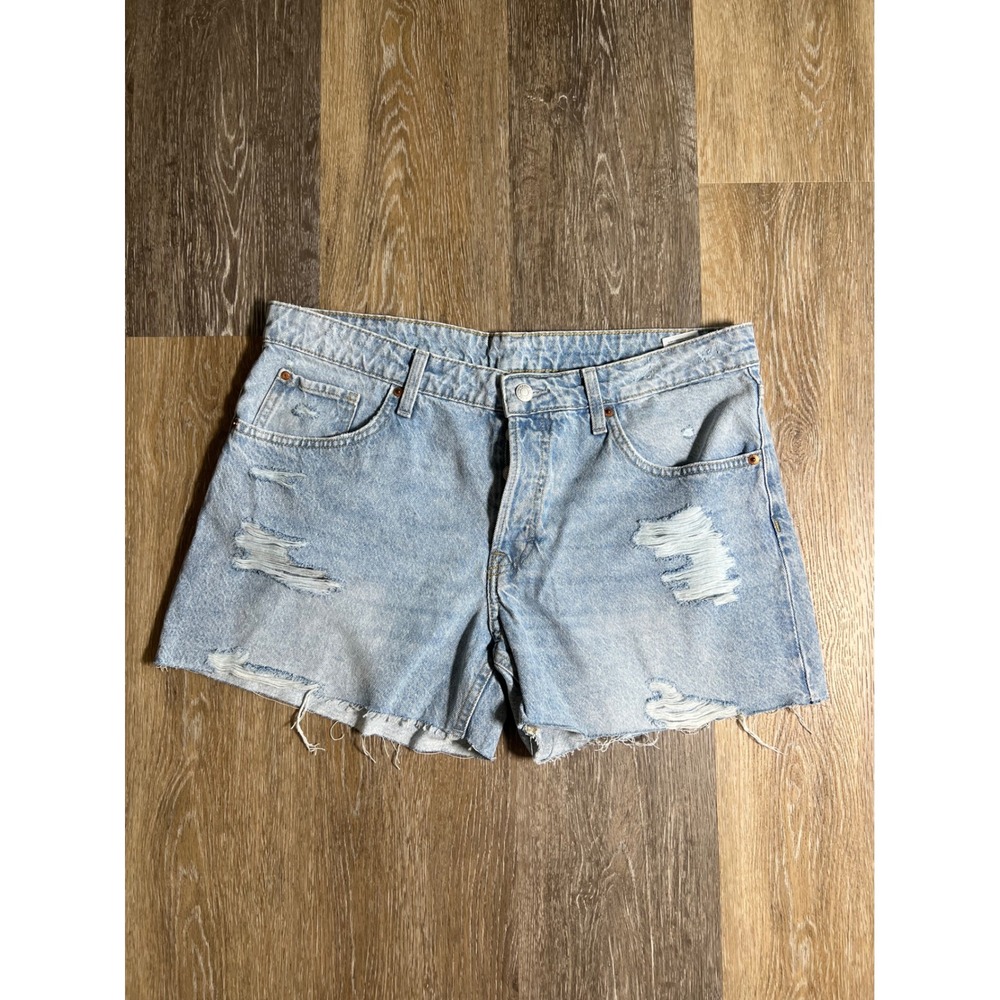 H&M &Denim 90s Boyfriend Shorts Womens‎ 10 Blue Excellent Distressed Low Waist